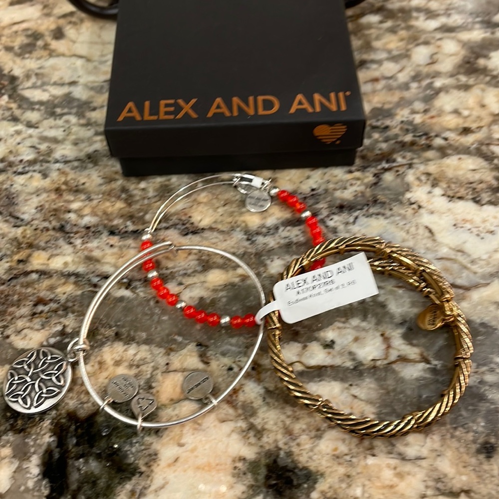 Alex and Ani Red Beaded, Silver Charm & Gold Twisted Bangle Bracelet Set